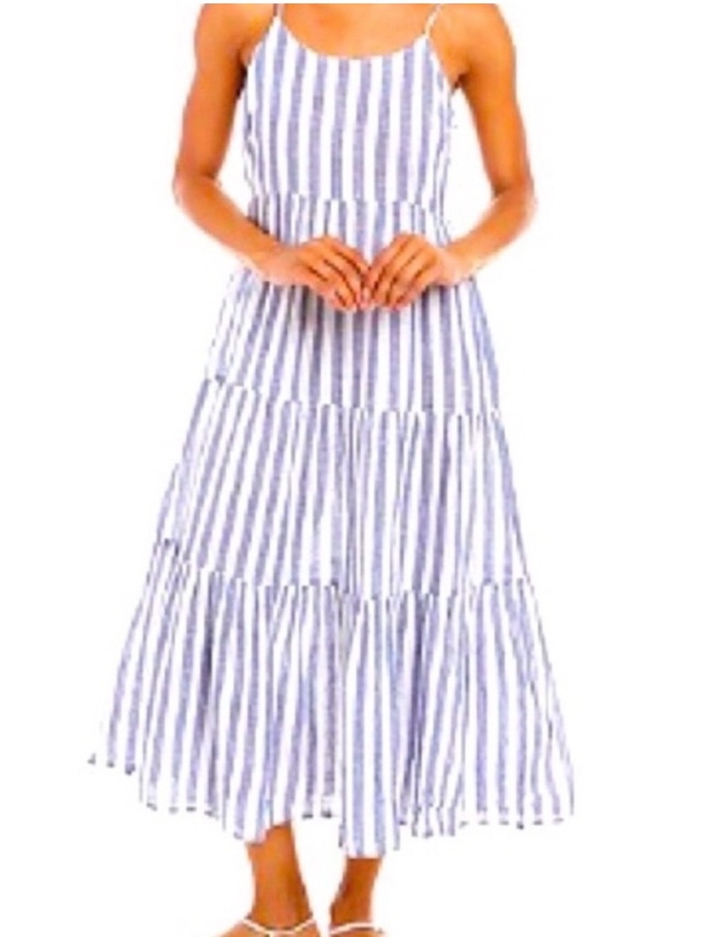 beachlunchlounge Blue and White Linen Blend Striped Tiered Sundress
